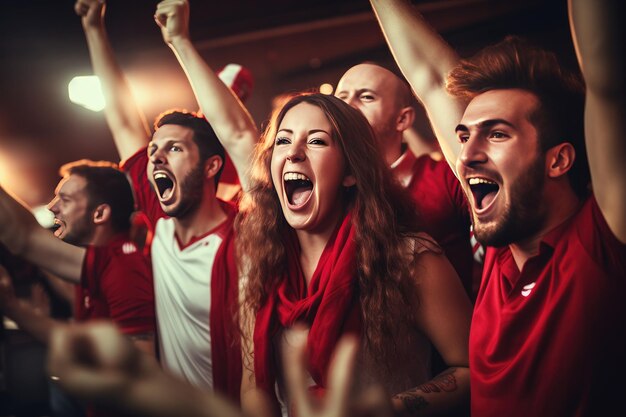 Foto un gruppo di tifosi di calcio acclamano la vittoria della loro squadra mix color t-shirt generative ai