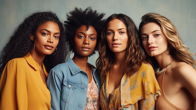 Group of four beautiful african american and caucasian women in casual clothes Generative AI