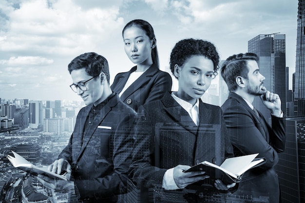 Group of four business colleagues in suits working on project together to gain new career opportunities Concept of multinational corporate team in Singapore Double exposure