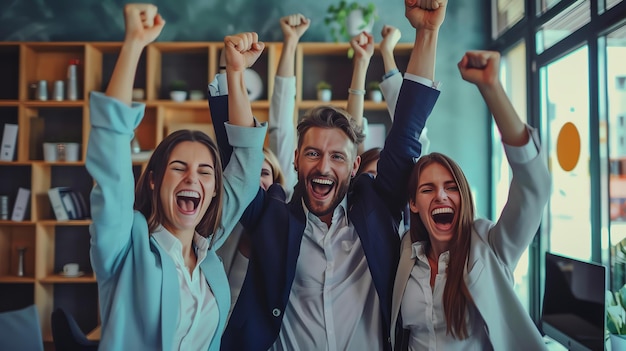 Photo a group of four business professionals are celebrating a victory in the office