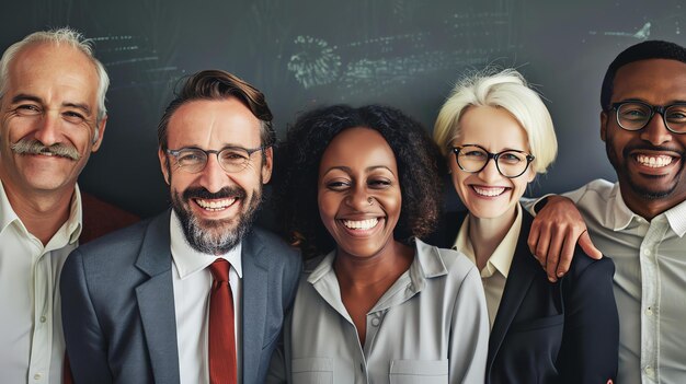 Photo a group of four business professionals posed for a photo in front of a blackboard they are all smiling and wearing casual business attire