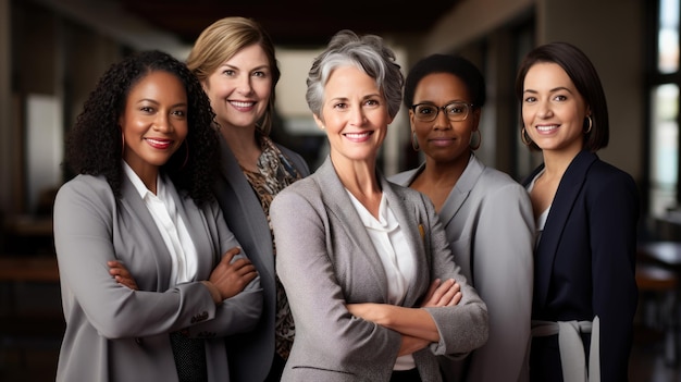 Group of four businesswomen are smiling confidently standing together in business attire representing diversity and empowerment in a corporate setting