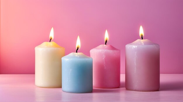 Group of four candles in different colors are lit and sitting on table