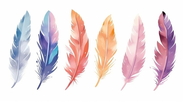 A group of four colorful feathers sitting next to each other generative ai