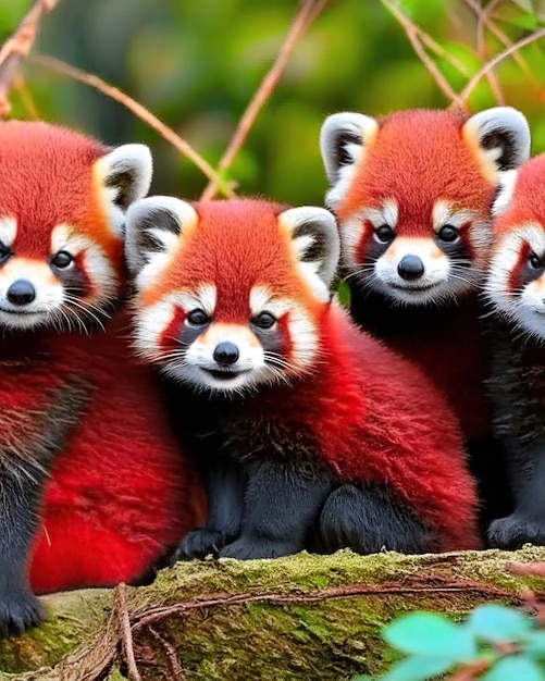 A group of four cute red pandas together