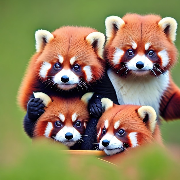 4匹の可愛い赤いパンダの群れ