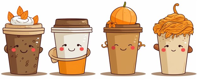 Photo a group of four different types of coffee with faces and arms generative ai