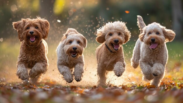 A group of four dogs running together in a field ai