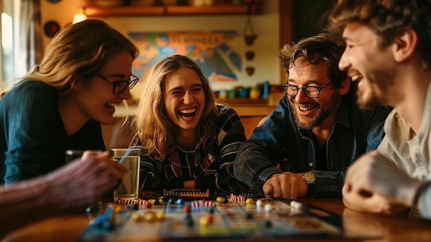 A group of four friends are playing a board game together They are all laughing and having a good time The room is cozy and inviting