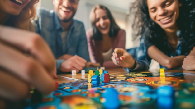 Foto un gruppo di quattro amici sta giocando a un gioco da tavolo insieme stanno tutti sorridendo e ridendo ed è chiaro che si stanno divertendo