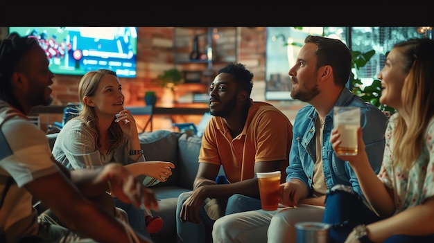 Photo a group of four friends are sitting on a couch in a living room watching tv and drinking beer