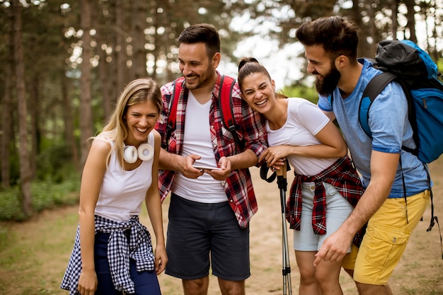 Group of four friends hiking together through a forest