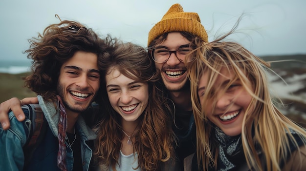 Foto un gruppo di quattro amici felici che ridono e sorridono insieme