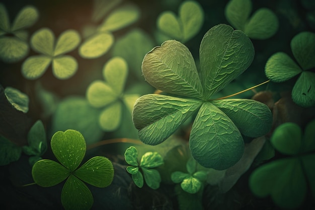 A group of four leaf clovers in a forest generative AI