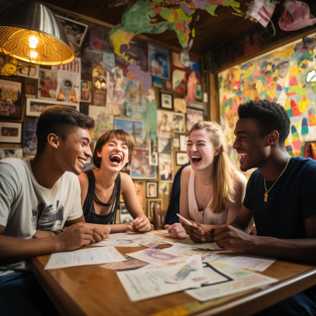 A group of four multiethnic friends laughing together at a table in a restaurant