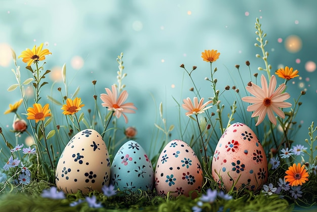 Group of four painted eggs are placed in a field of flowers with copy space Holiday Easter card