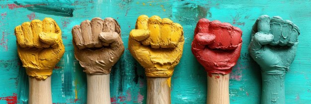 Photo a group of four painted hands holding different colored paint ai