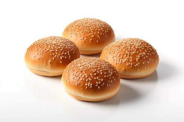 a group of four sesame buns on a white surface