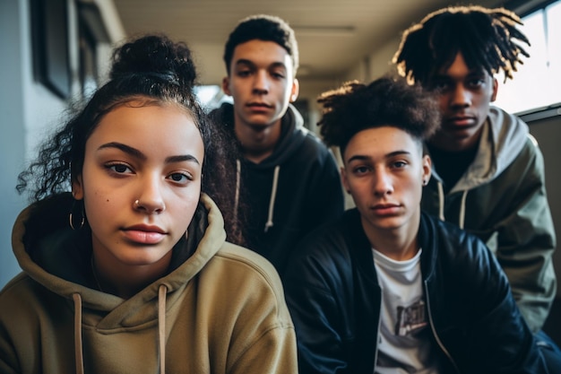 Group of four teenagers one girl and three boys in a serious attitude in high school