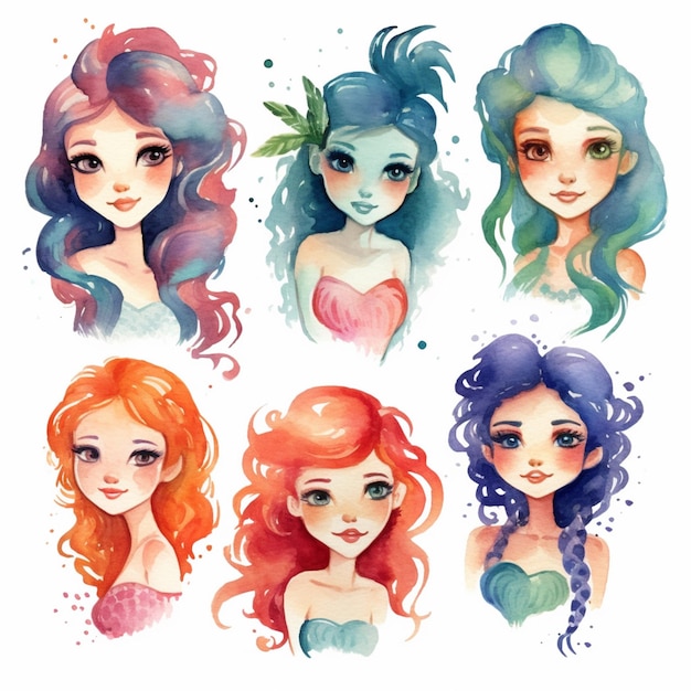Premium AI Image | a group of four watercolor mermaids with different ...