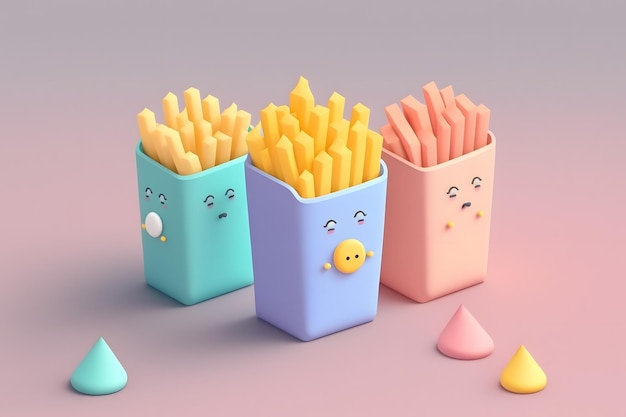 A group of french fries with a face and a triangle shaped cone on the left