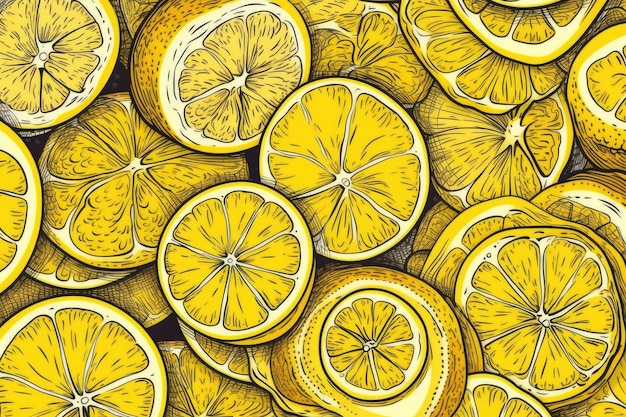 Group of fresh lemons with leaves on a dark background Generative AI