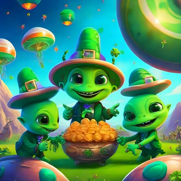 Photo a group of friendly aliens joining in the st patrick's day festivities on earth ai generate image