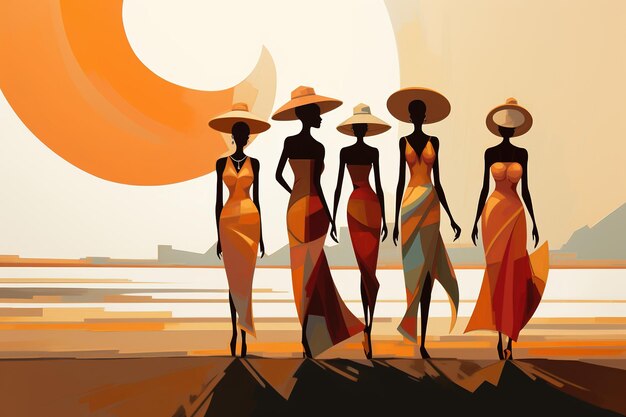 Group of friendly ladies standing on beach in the style of bold curves