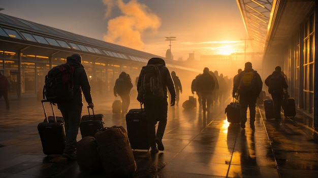 Un gruppo di amici che stanno per fare il loro viaggio di addio al celibato eccitati e felici sulla pista di atterraggio