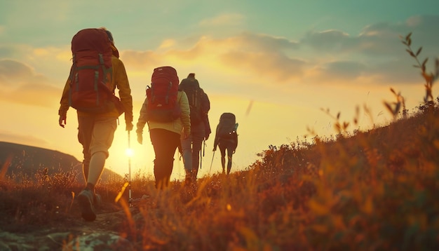 Photo a group of friends are backpacking at dusk symbolizing adventure travel and tourism