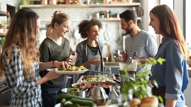 A group of friends are cooking together in a kitchen They are all smiling and laughing and appear to be enjoying themselves
