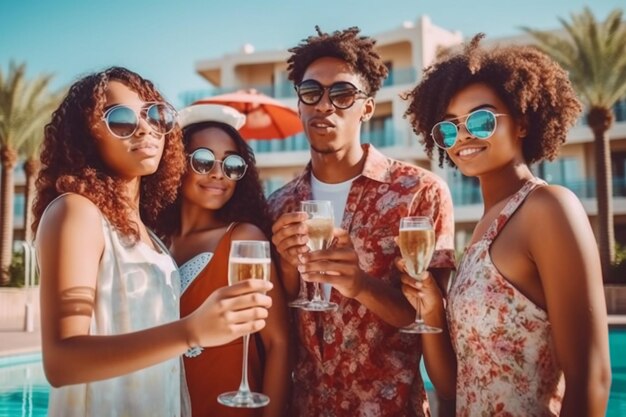 A group of friends are drinking champagne and wearing sunglasses.