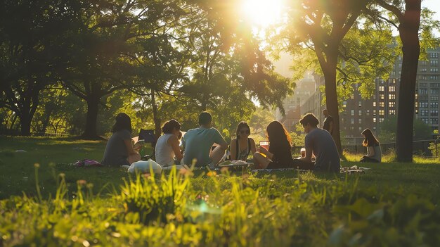 A group of friends are enjoying a picnic in the park They are sitting on a blanket and eating food