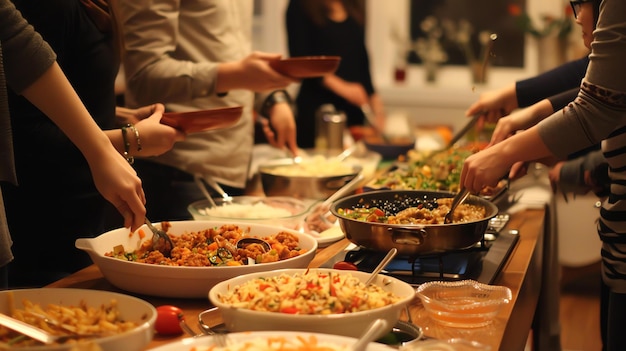 A group of friends are gathered around a table sharing a meal