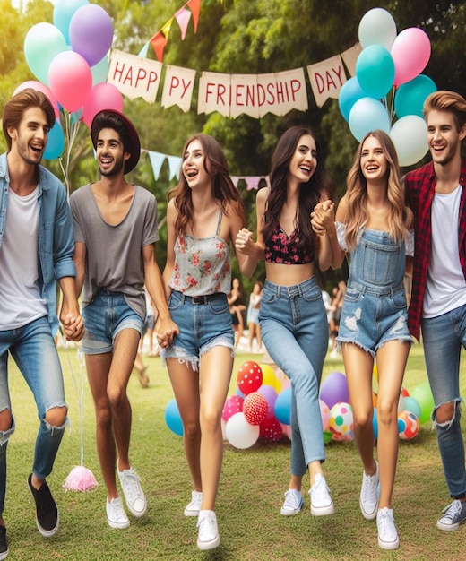 Photo a group of friends are holding hands and a banner that says happy friendship