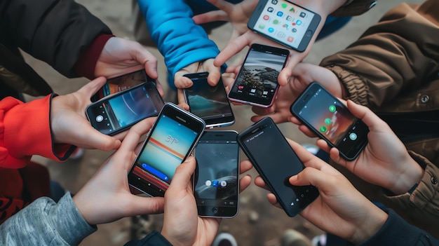 Группа друзей держит свои смартфоны в кругу, они все смотрят на свои телефоны и улыбаются.