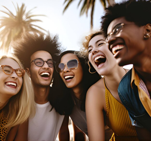 A group of friends are laughing together and the word love is on the front of the photo.