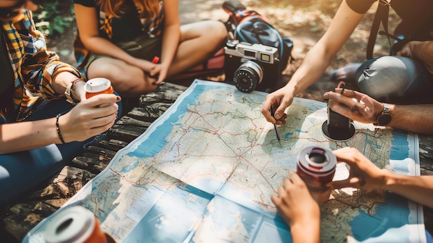 Photo a group of friends are planning their next adventure they are looking at a map and deciding where to go