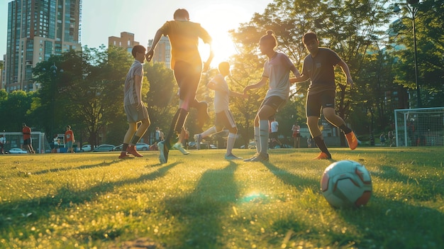 Photo a group of friends are playing soccer in the park the sun is setting and the sky is a bright orange the friends are all smiling and having fun