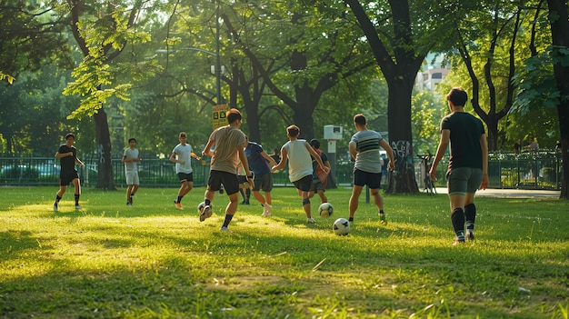 Photo a group of friends are playing soccer in the park they are all wearing casual clothes and look like they are having a lot of fun