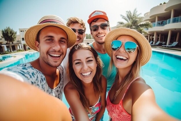 a group of friends are posing for a photo in a pool