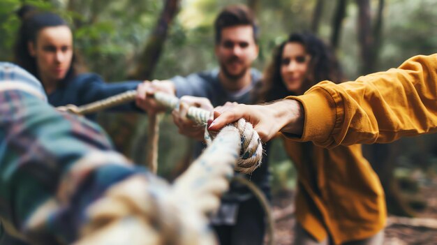 A group of friends are pulling on a rope together They are all smiling and look like they are having a lot of fun The background is a blur of trees