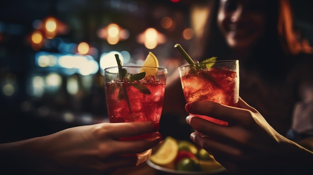 Group of friends are relaxing at a party and drinking cocktails