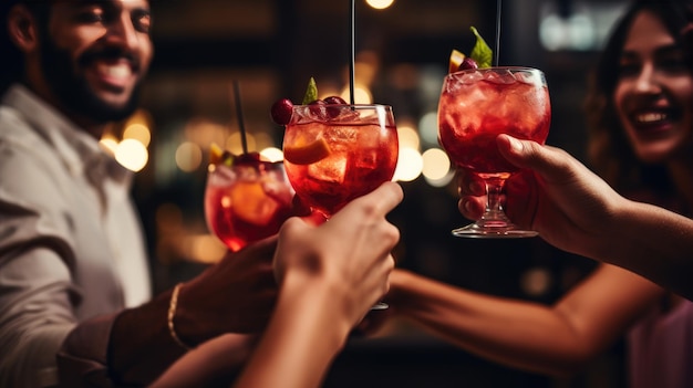 Group of friends are relaxing at a party and drinking cocktails