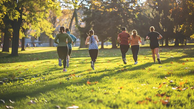 A group of friends are running in a park They are all wearing athletic clothes and look like they are enjoying their run
