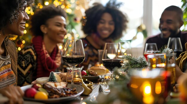 A group of friends are sitting around a table enjoying a holiday meal