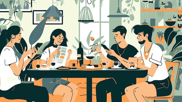 한 무리의 친구들이 식당에서 테이블을 둘러 앉아 신문을 읽고 있는 한 명을 제외하고는 모두 드폰을 쳐다보고 있다.