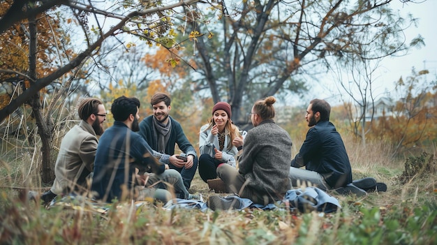 A group of friends are sitting on the ground in a circle talking and laughing