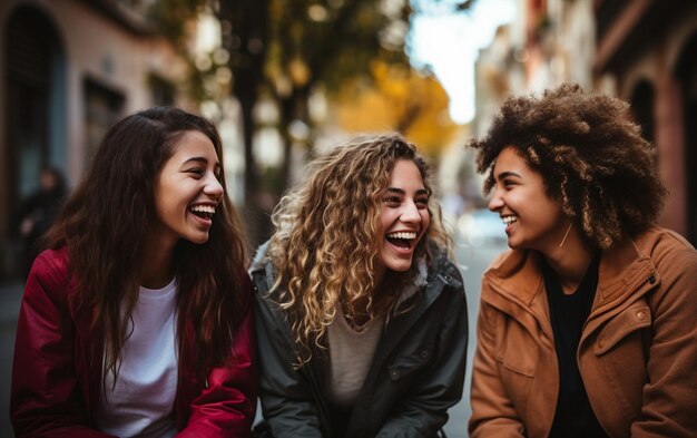 a group of friends are sitting at a table and laughing