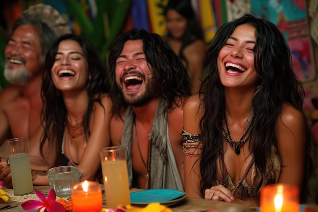 A group of friends are sitting together at a festive table outside and chatting Bali